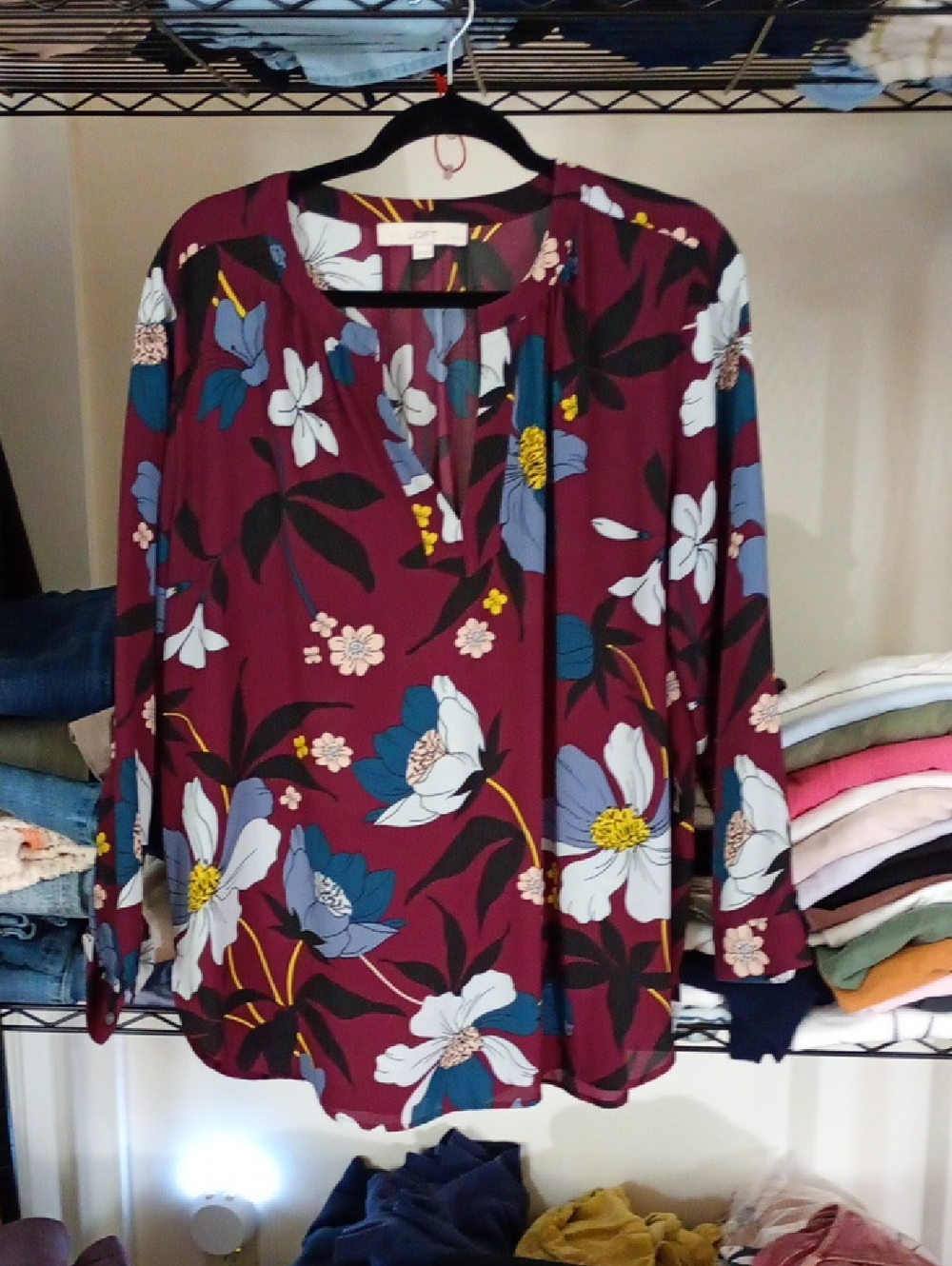 LOFT Burgundy Floral Split-Neck Blouse